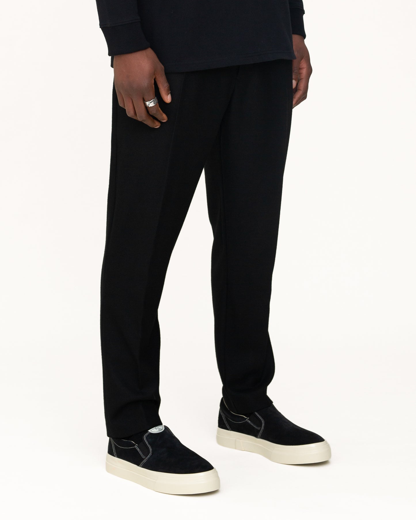 mens trousers, black trousers, front angle side