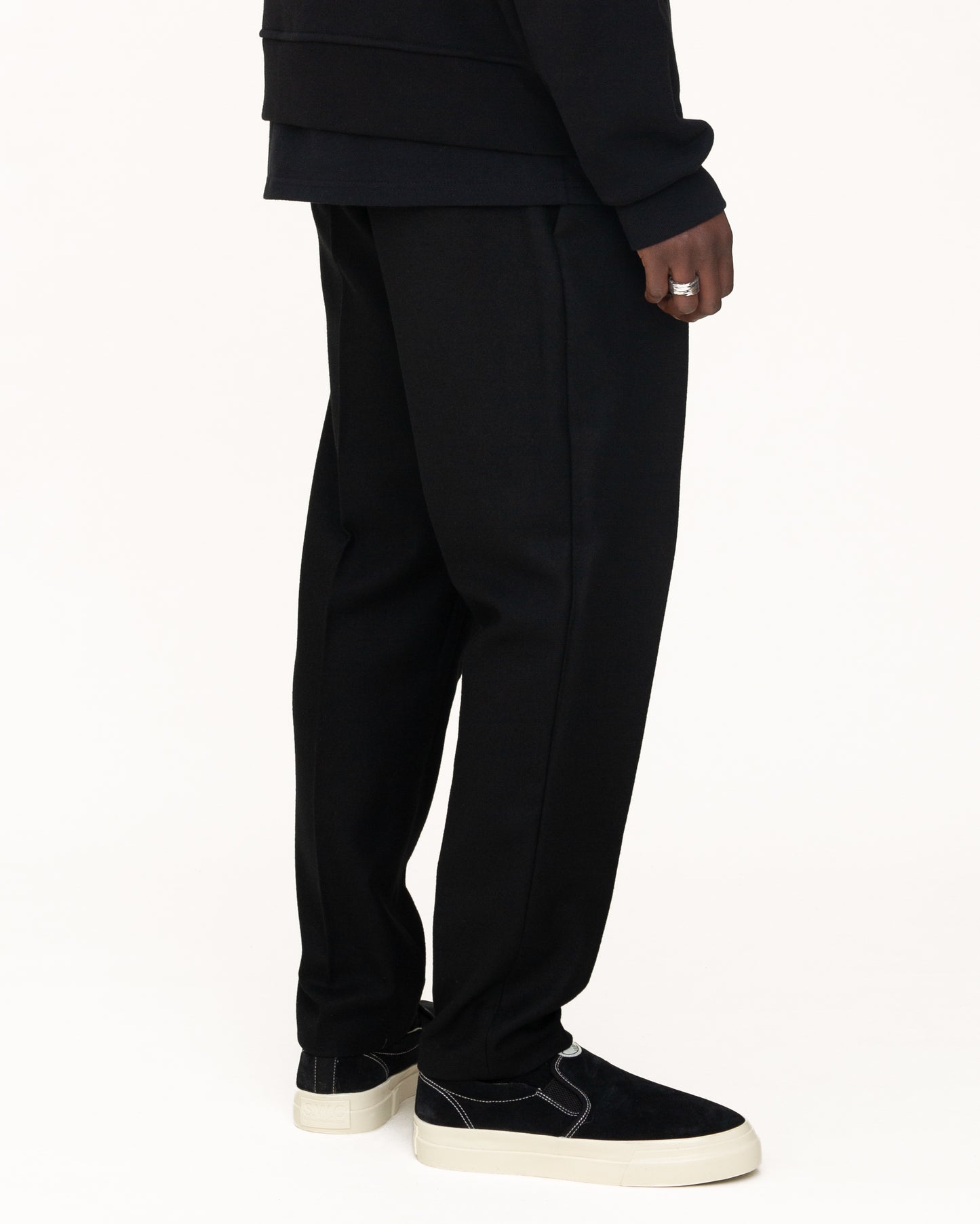 mens trousers, black trousers, side