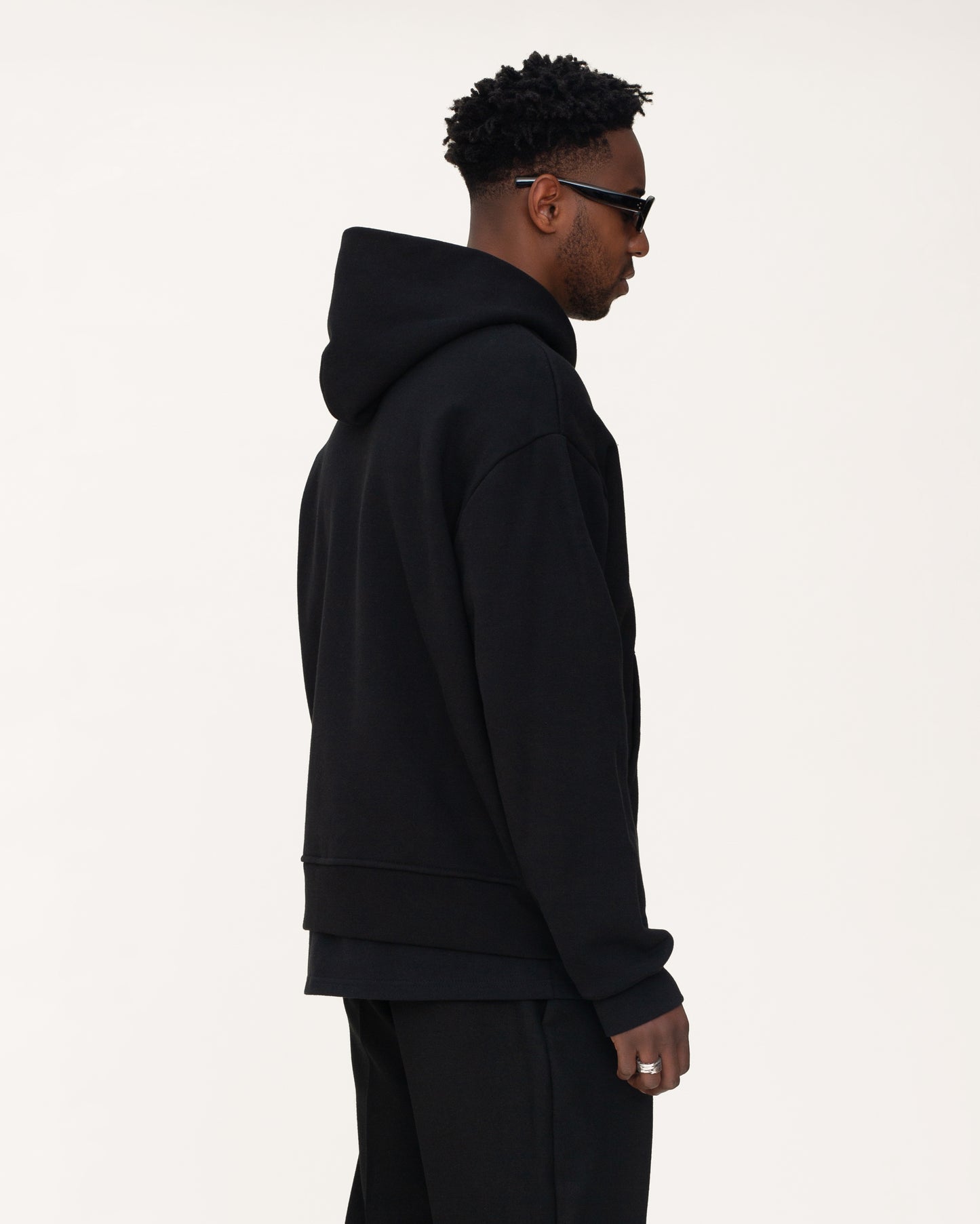 zip up hoodies, black hoodie, mens hoodie, side view