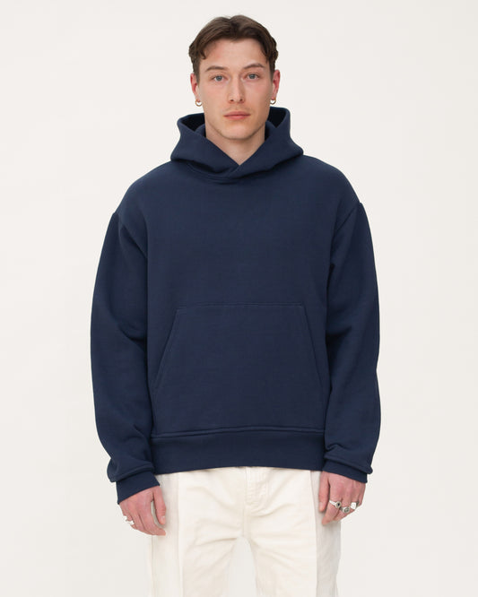 designer hoodie, navy hoodie, mens hoodie, front side